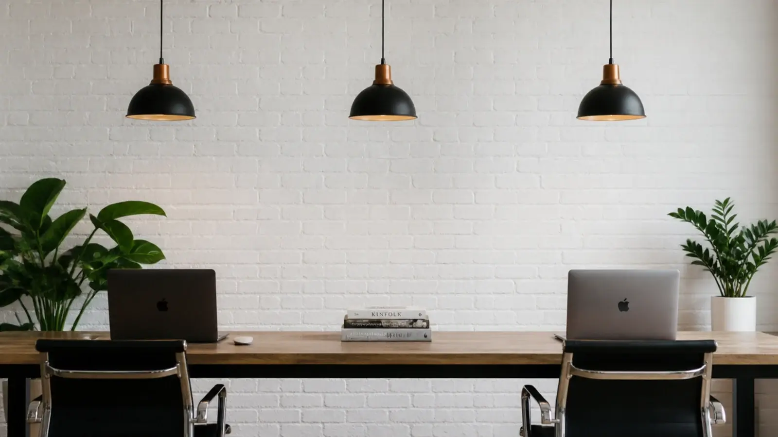 three pendants spaced along a shared two person office desk