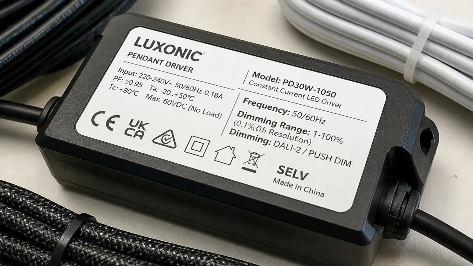 driver label on an office fixture naming its flicker rating