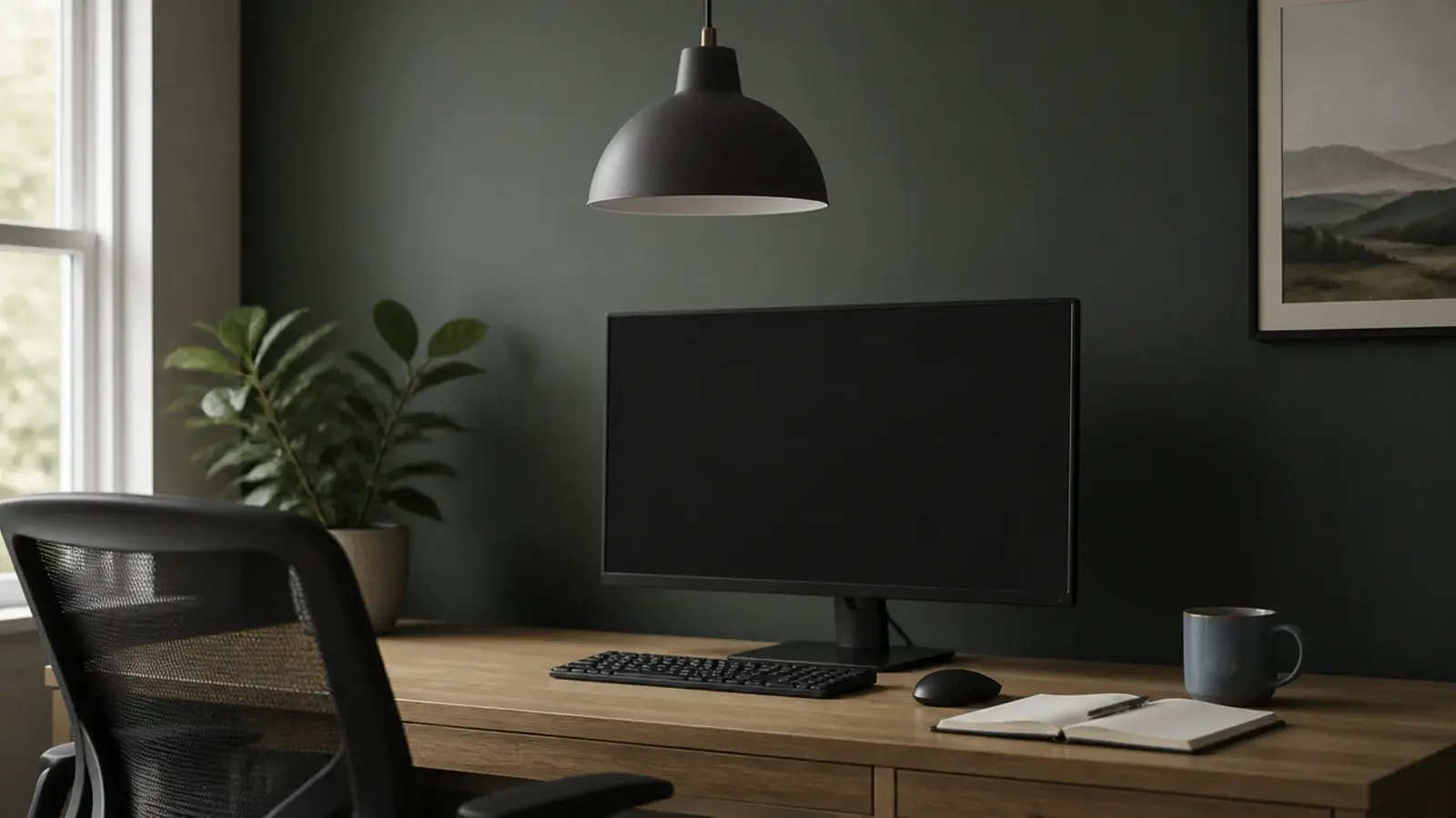 office hanging lights shielding the bulb above a clear desk screen