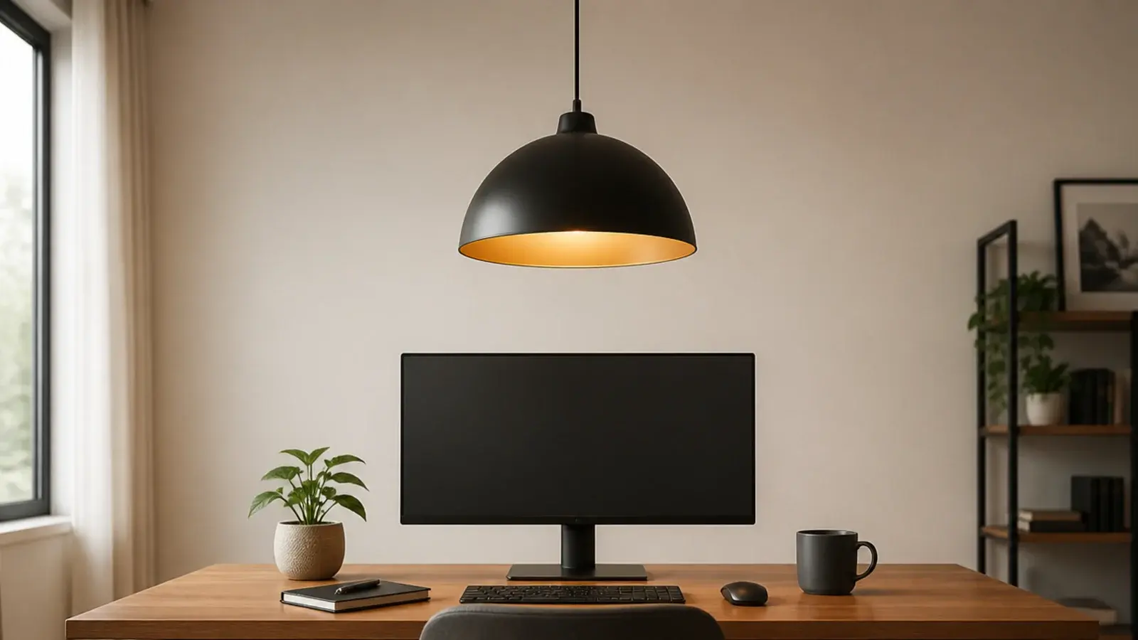 tall office view of hanging lights above a glare free working desk