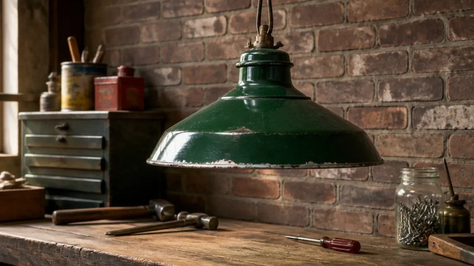 chipped green enamel factory shade hanging above a timber bench