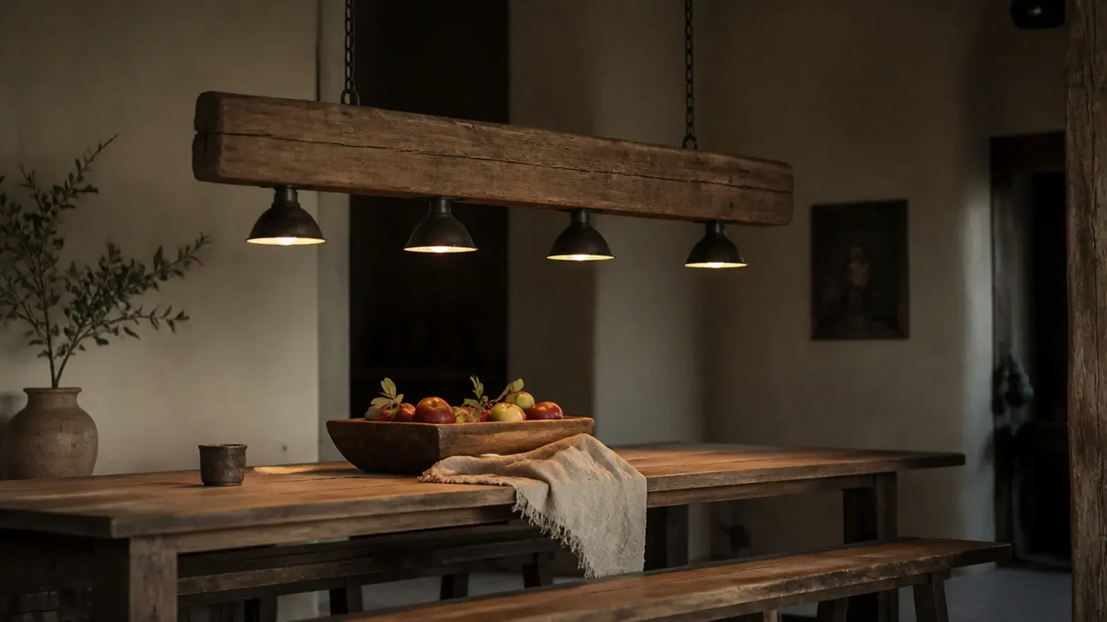 reclaimed timber beam fitted with lamps above a dining table