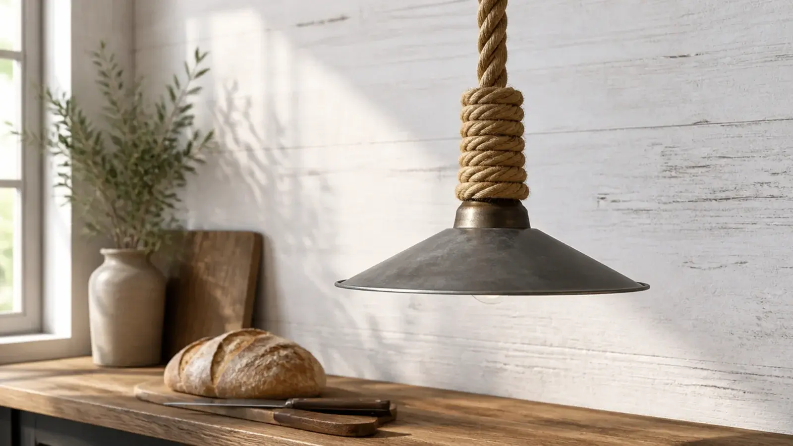 thick natural rope wrapping a pendant cord above a counter