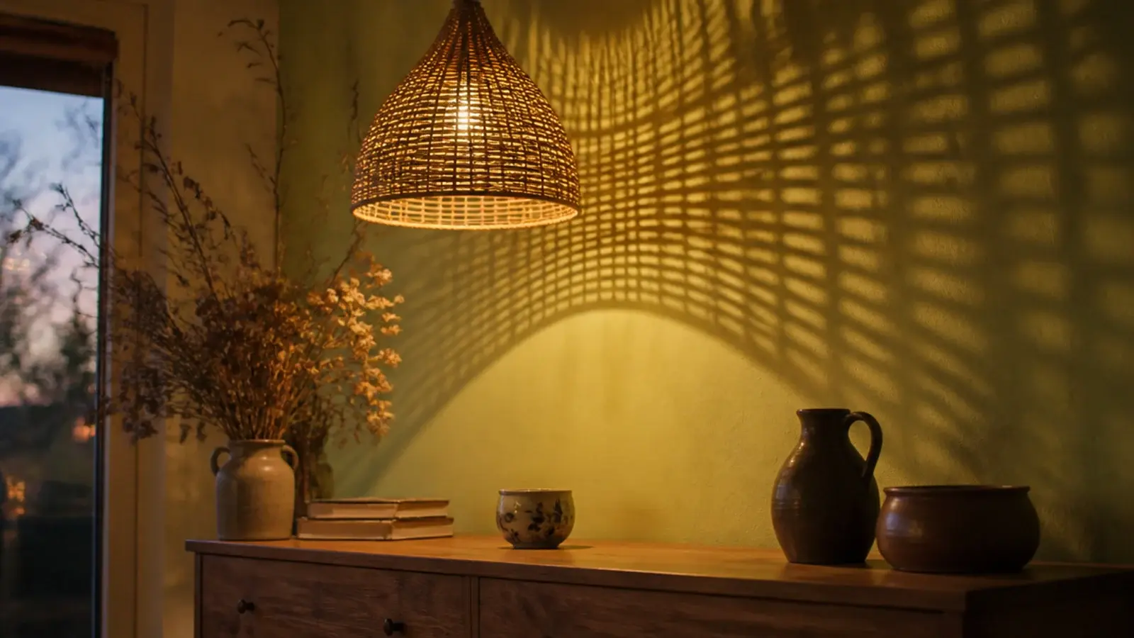 woven willow basket shade throwing basket shadow on a wall