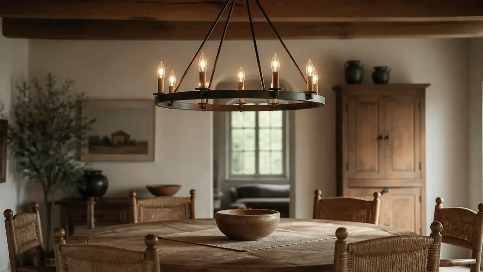 circular iron wheel fixture holding candle bulbs above a table