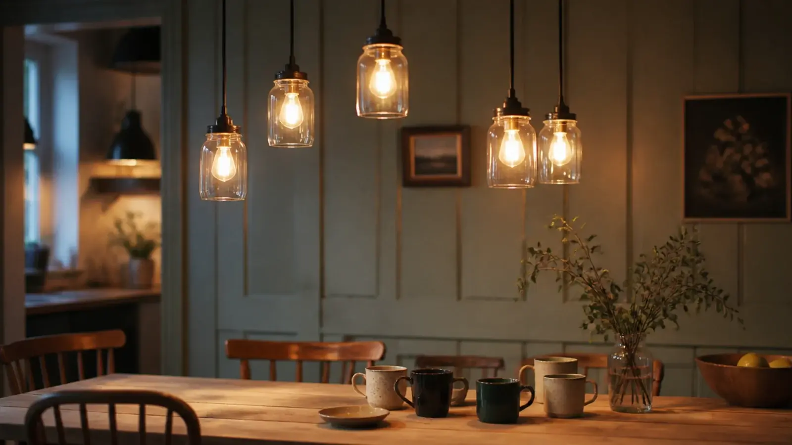 cluster of glass jar shades hanging at uneven heights together