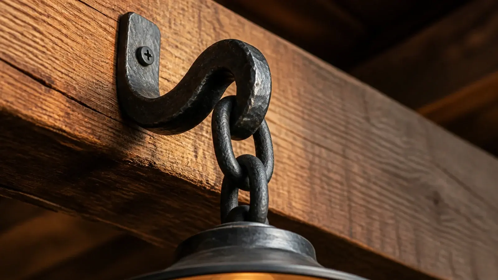 hand forged iron hook carrying a chain hung pendant fixture