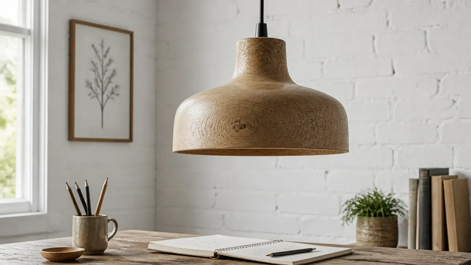 turned solid wood shade showing grain above a working table
