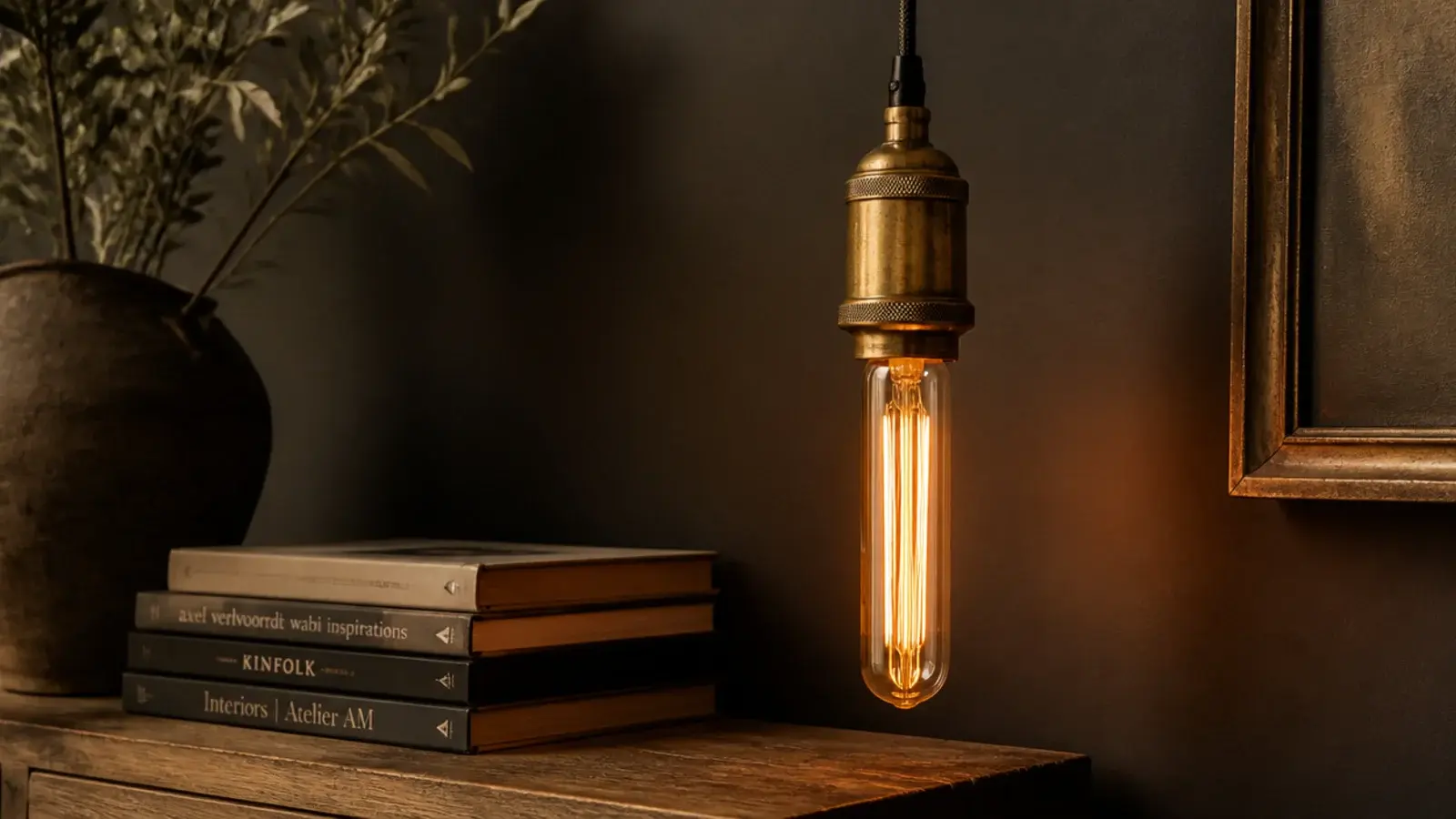 aged brass fitting holding a long tubular filament bulb
