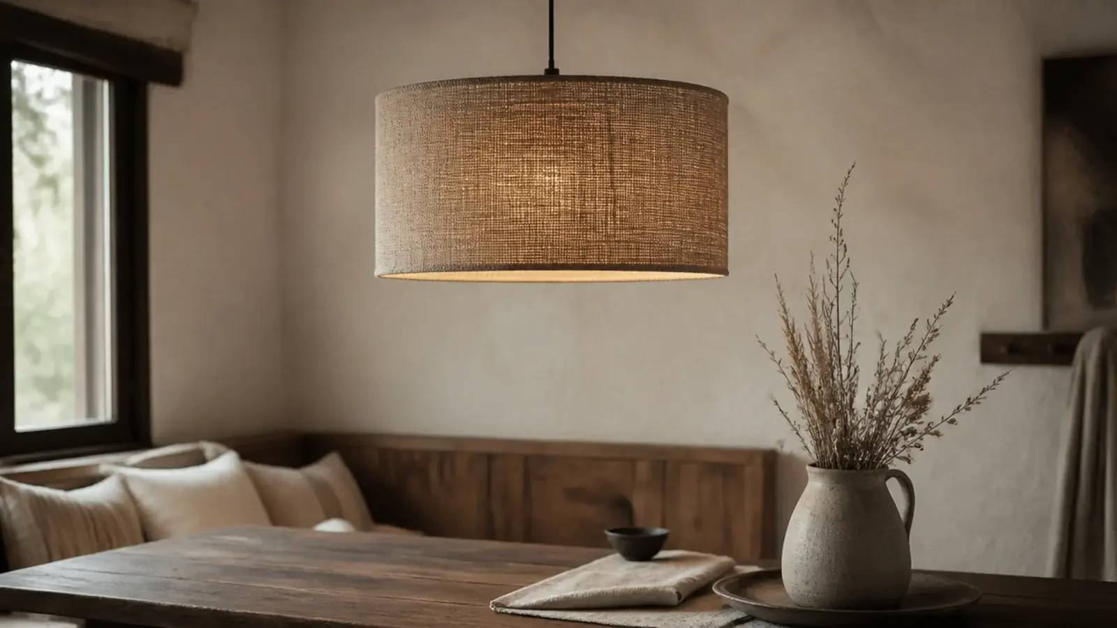 coarse linen wrapped shade softening light over a dining bench