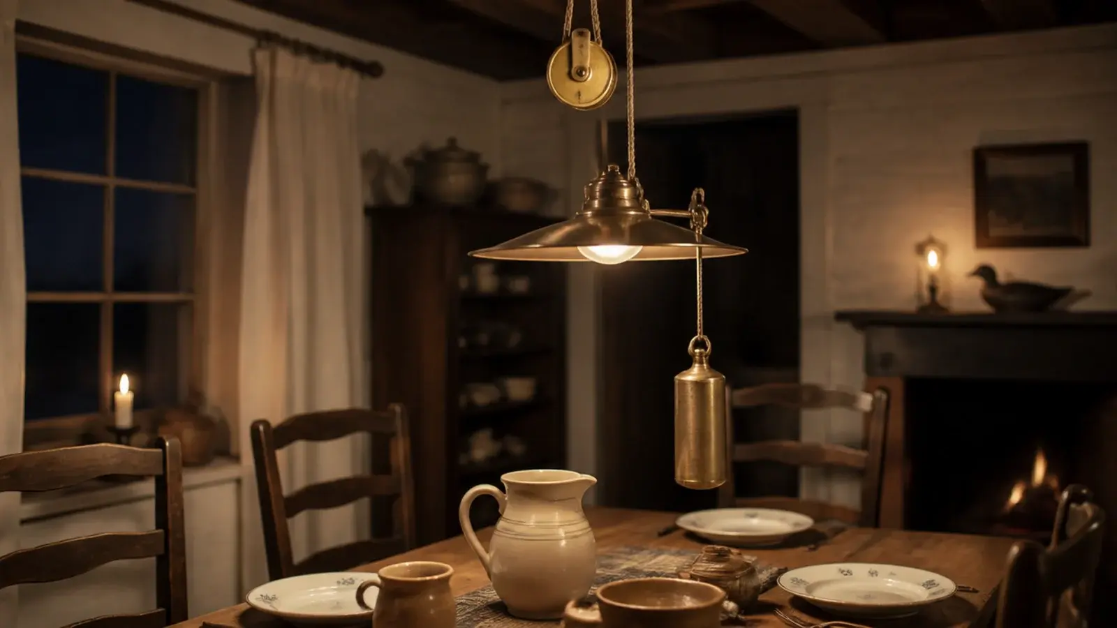 brass pulley fixture pulled low over a scrubbed farmhouse table