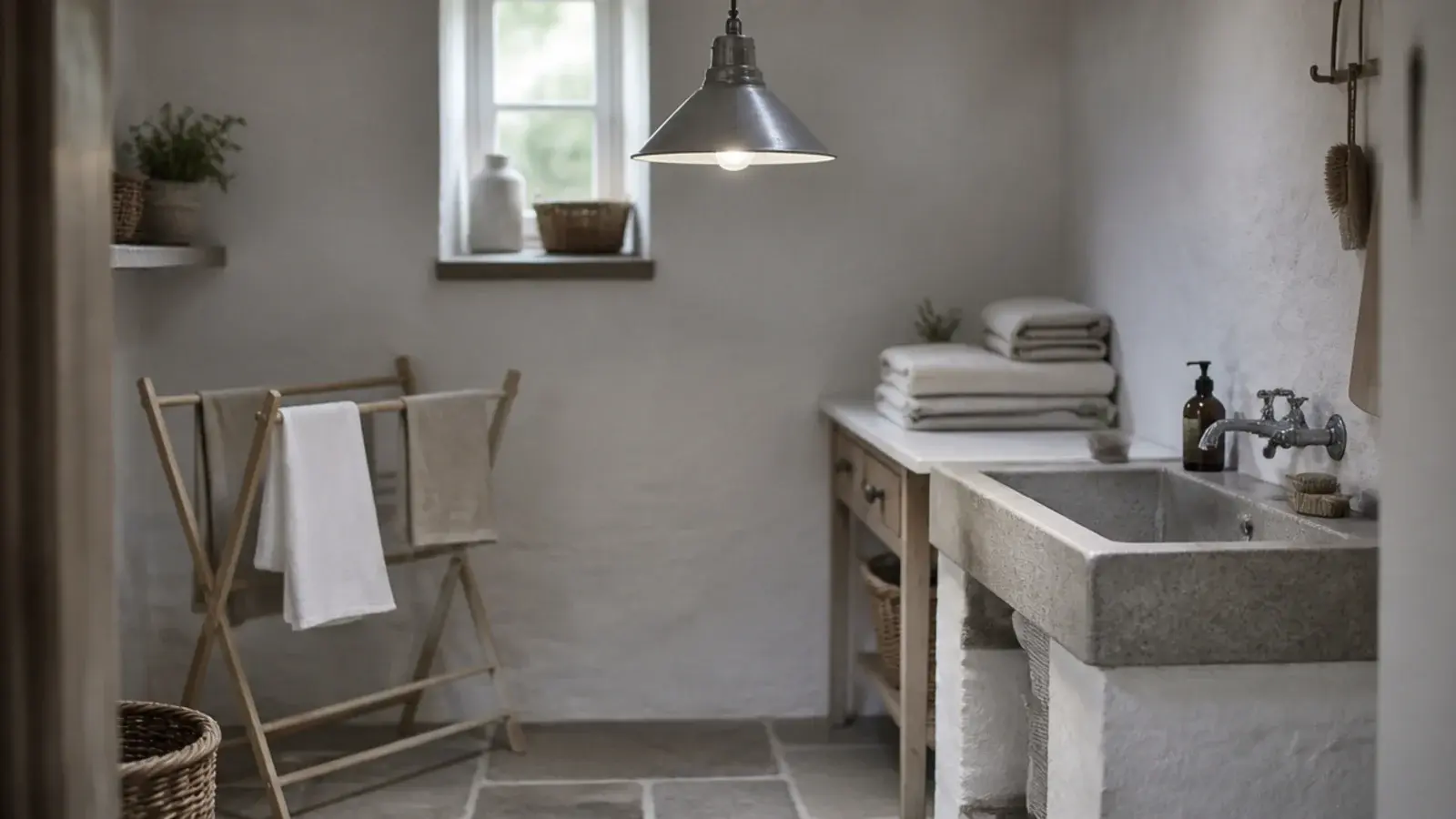 galvanised steel cone shade lighting a stone floored utility room