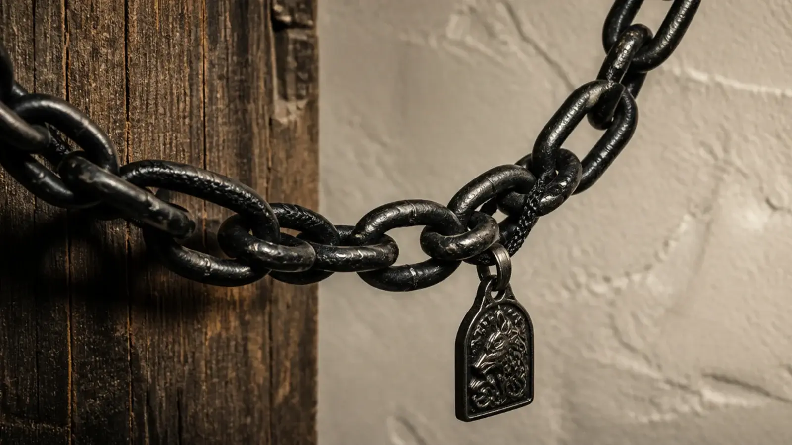 heavy blackened chain carrying a pendant beside a timber post