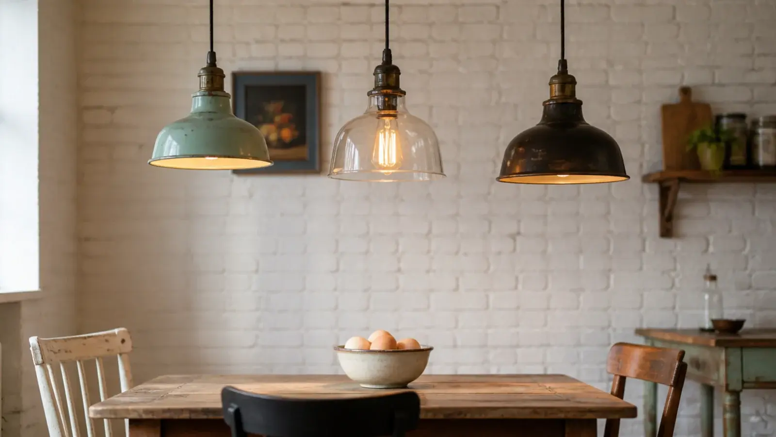 three different rustic shades grouped above one kitchen table