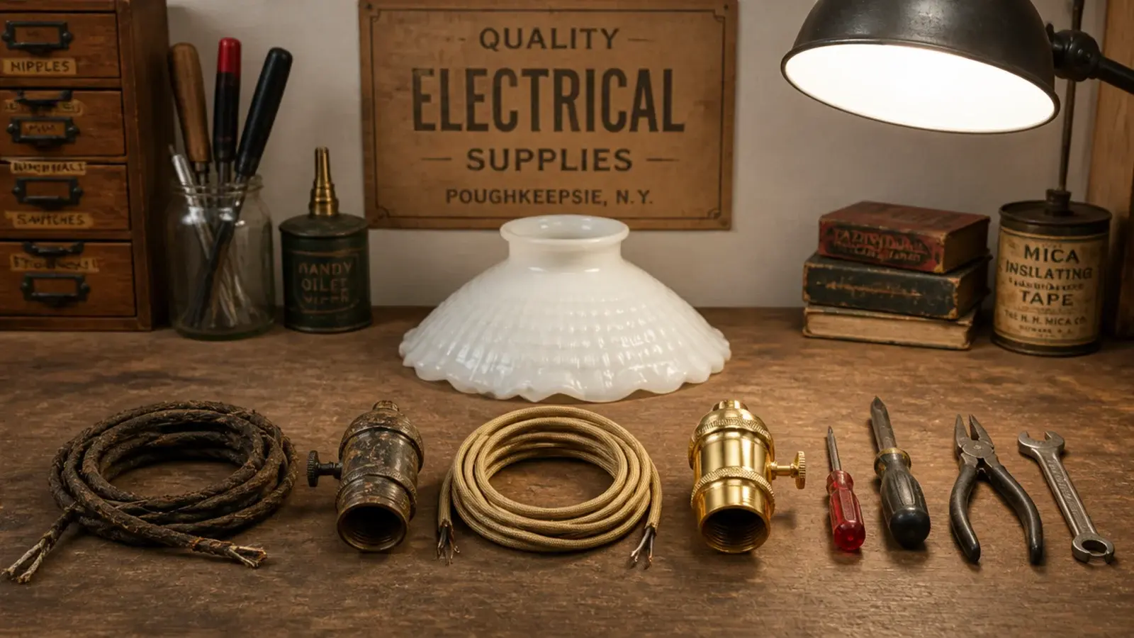 old lampholder and brittle flex replaced on a workbench
