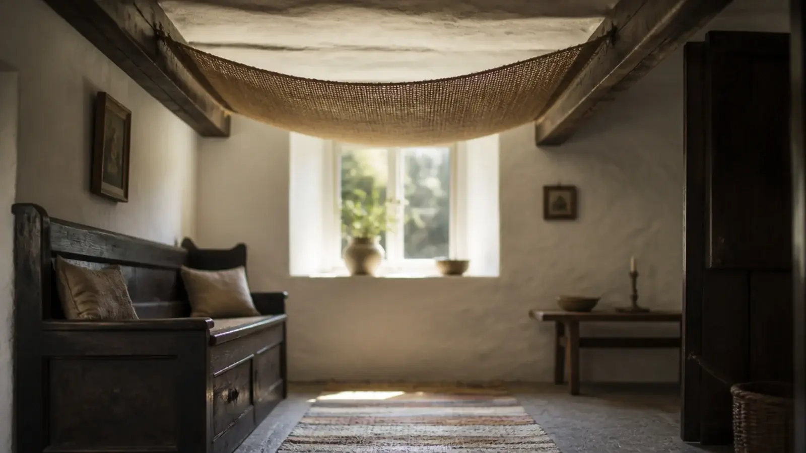 one wide shade hanging between low beams in an old room