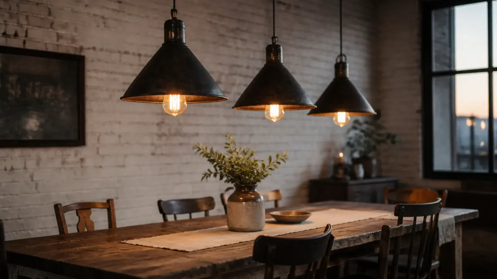 rustic hanging lights in aged iron above a reclaimed timber table