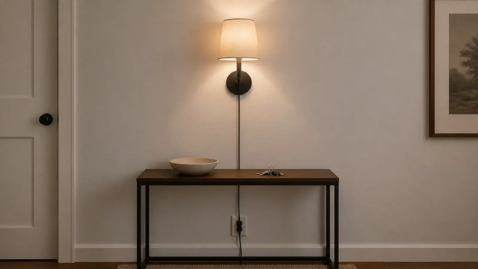 plug in sconce mounted at eye level on a rented wall