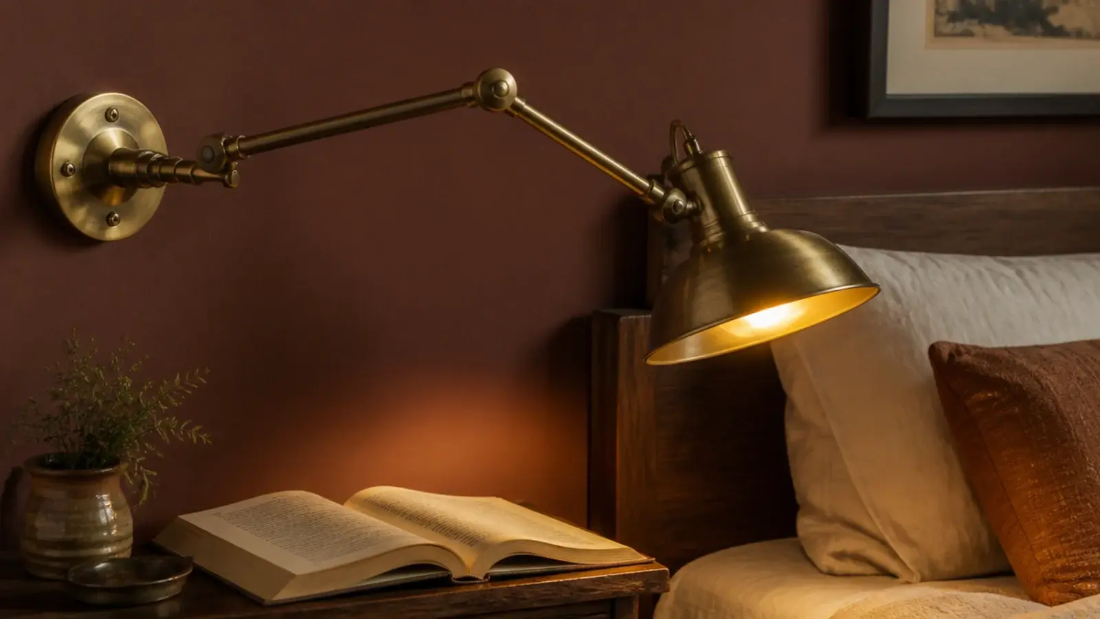 brass swing arm light extended over the corner of a bed