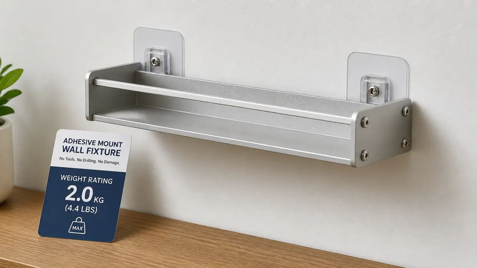 lightweight wall fixture held by two adhesive mounting plates