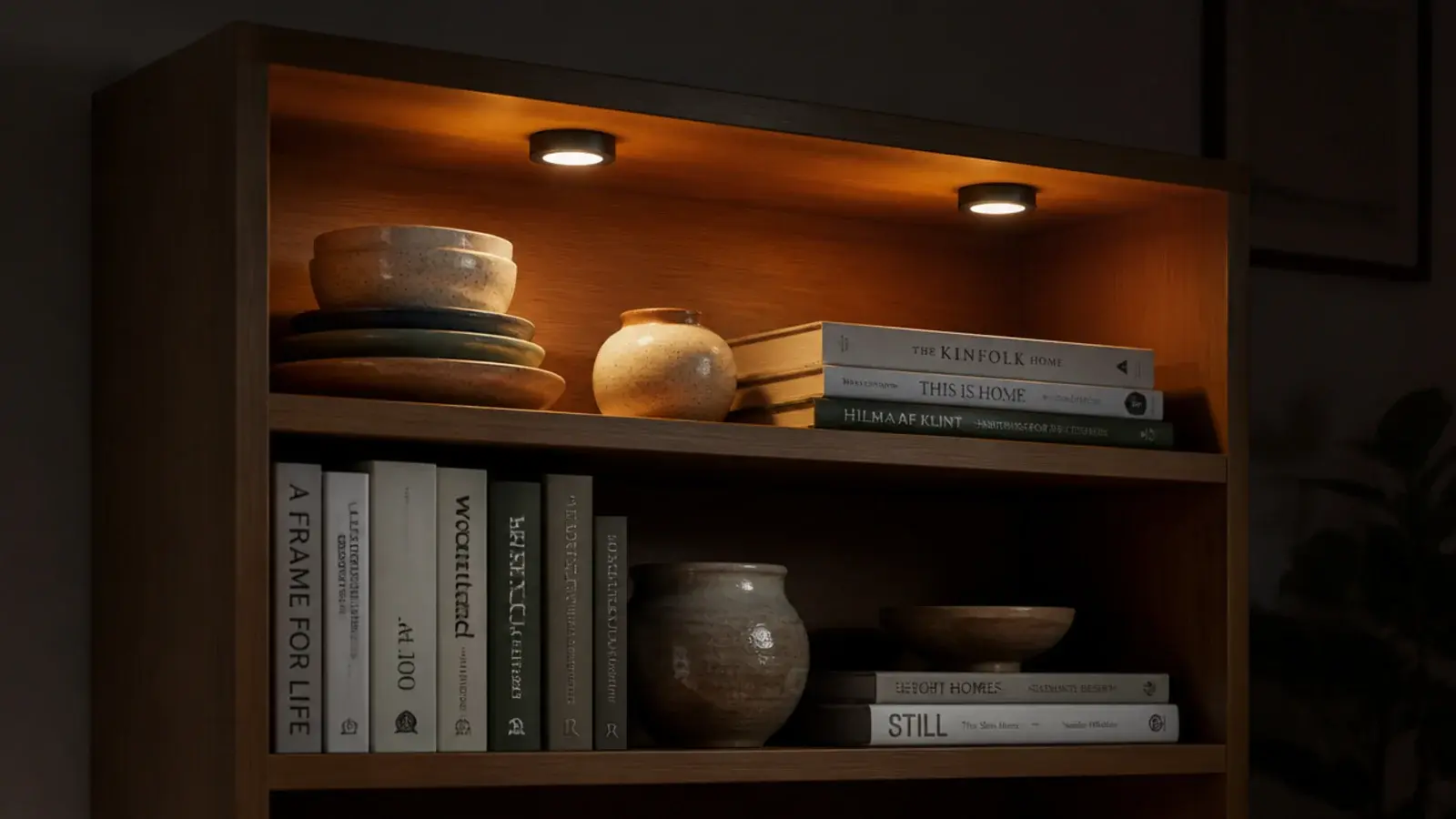small battery pucks lighting the inside of an open shelf