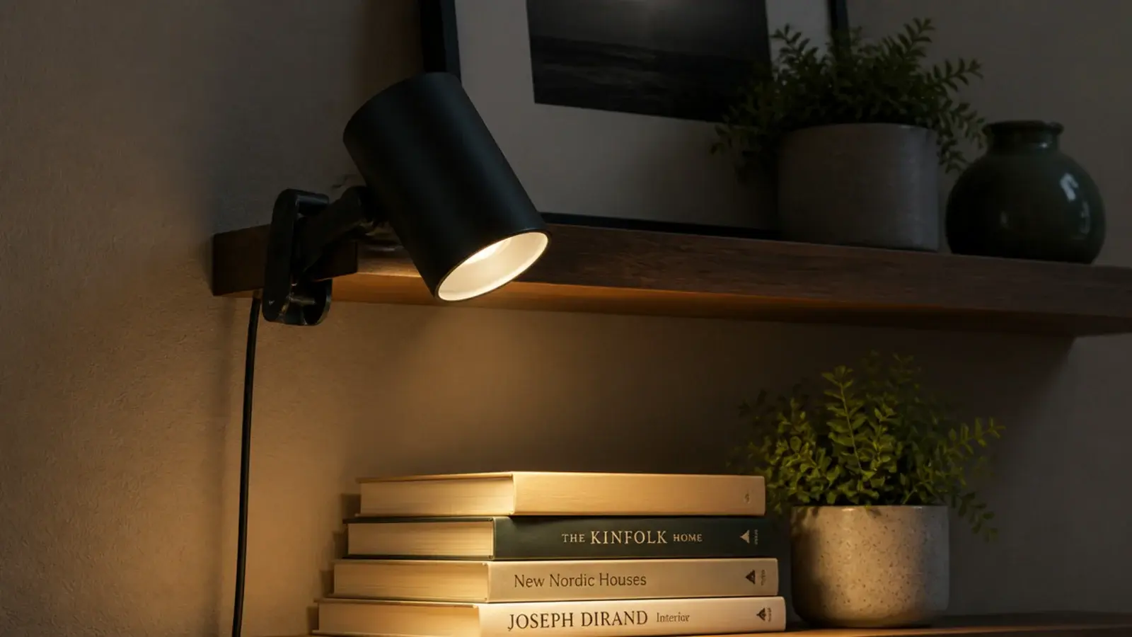 clip on lamp fastened to the edge of a wall shelf