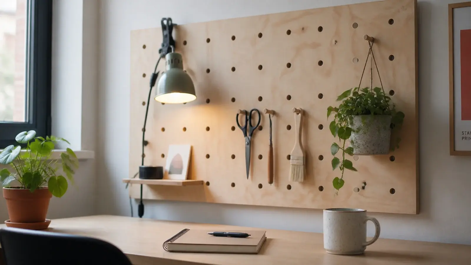 pegboard panel holding a clipped lamp above a desk