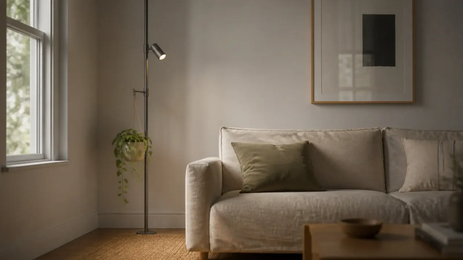 floor to ceiling tension pole carrying a small light fixture