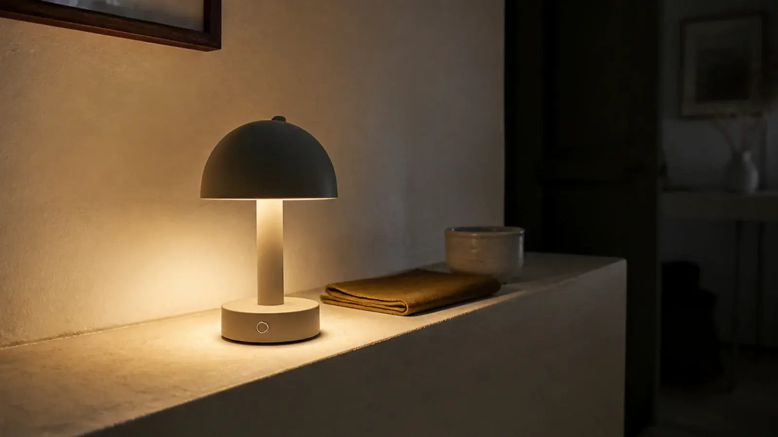 cordless rechargeable lamp sitting on a narrow wall ledge