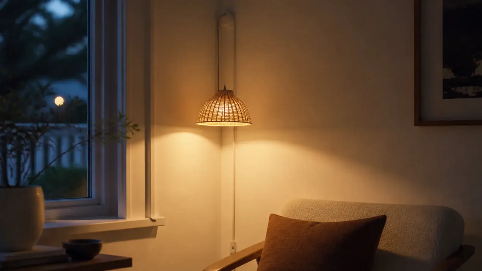 plug in pendant hanging from a single hook near a wall