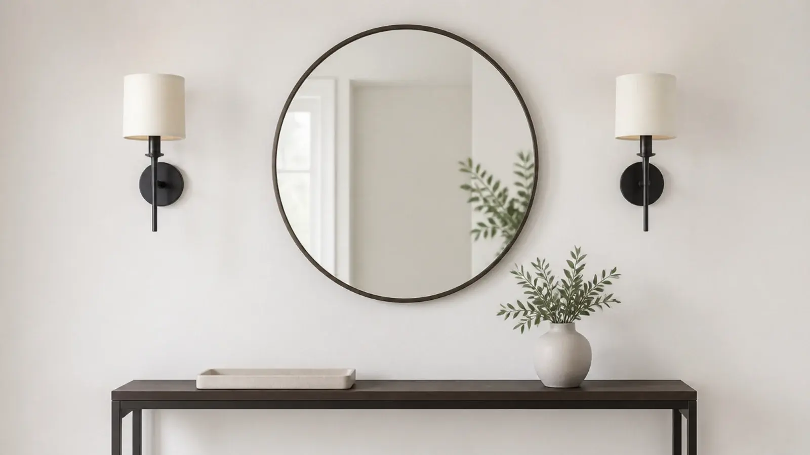 two wall lights flanking a mirror at matching eye level