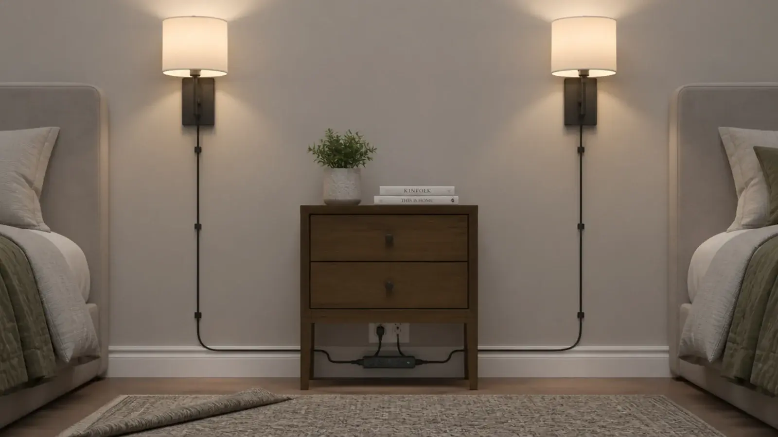 two plug in wall lights joined into a single wall socket