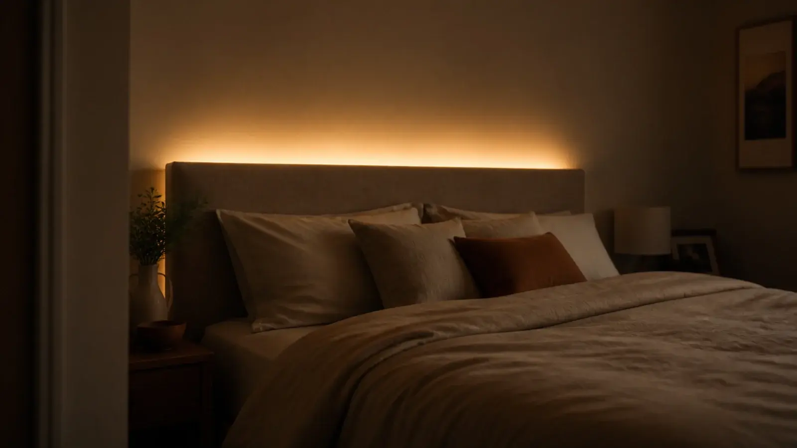 warm strip light glowing behind a bed headboard edge