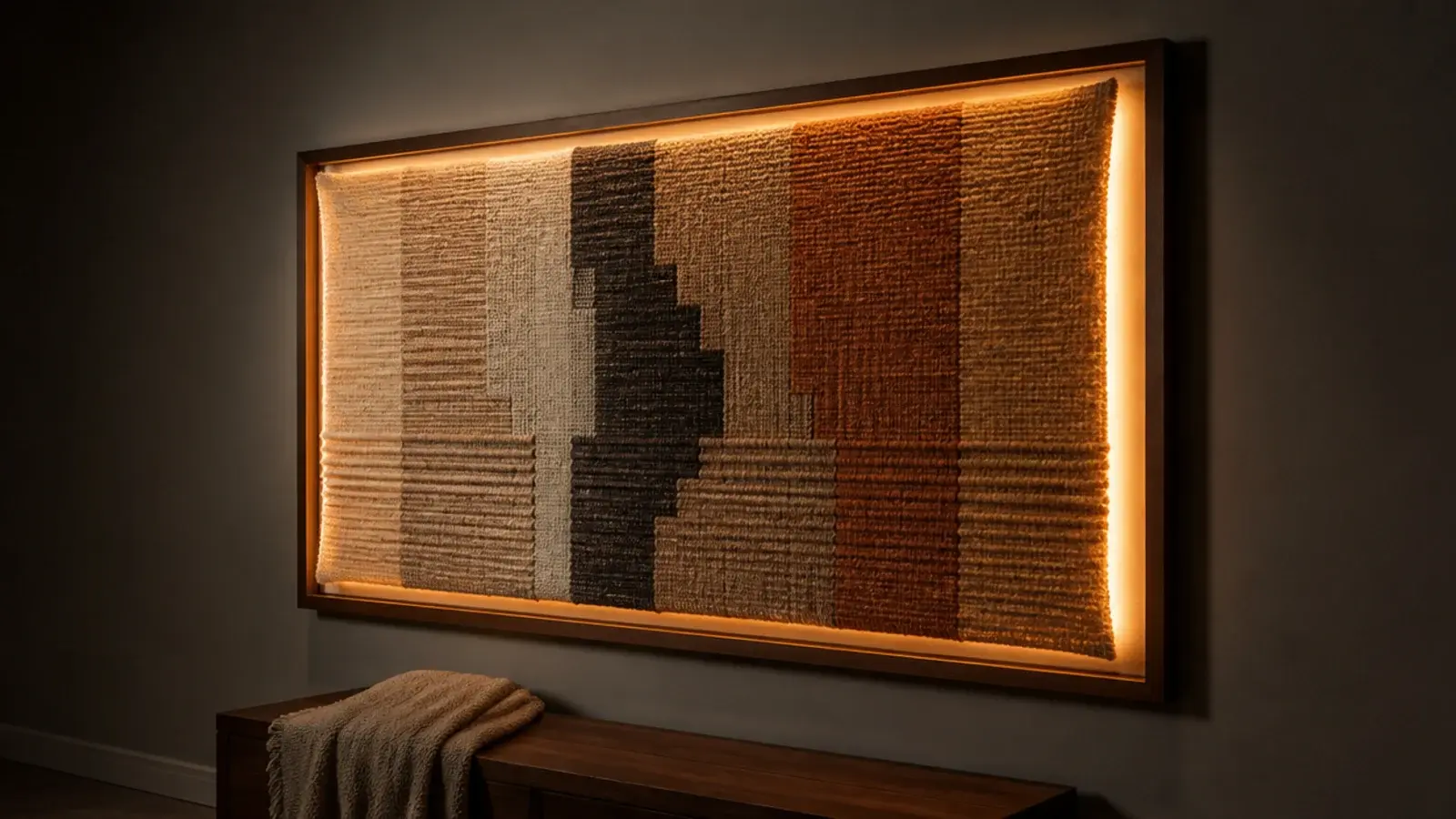 framed panel glowing softly against a plain rented wall