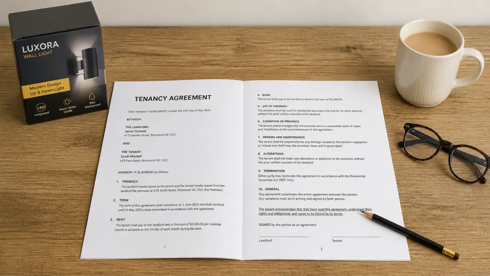 tenancy agreement open on a table beside a light fixture box