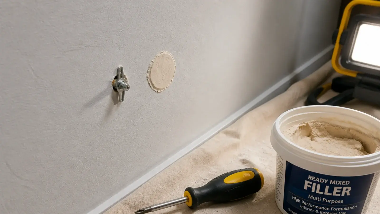 small toggle anchor beside a coin sized wall repair patch