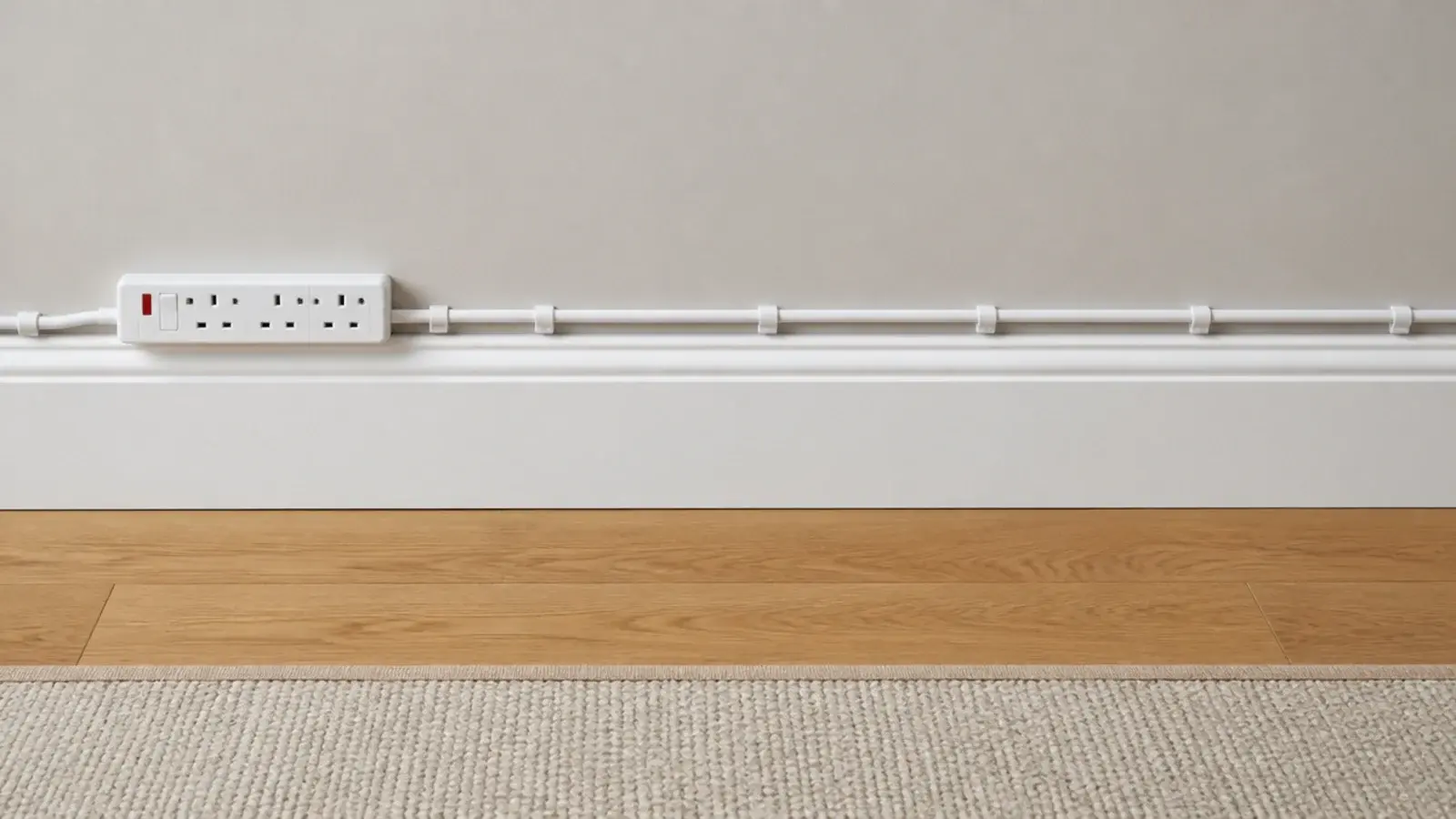 extension lead running neatly along a skirting board edge