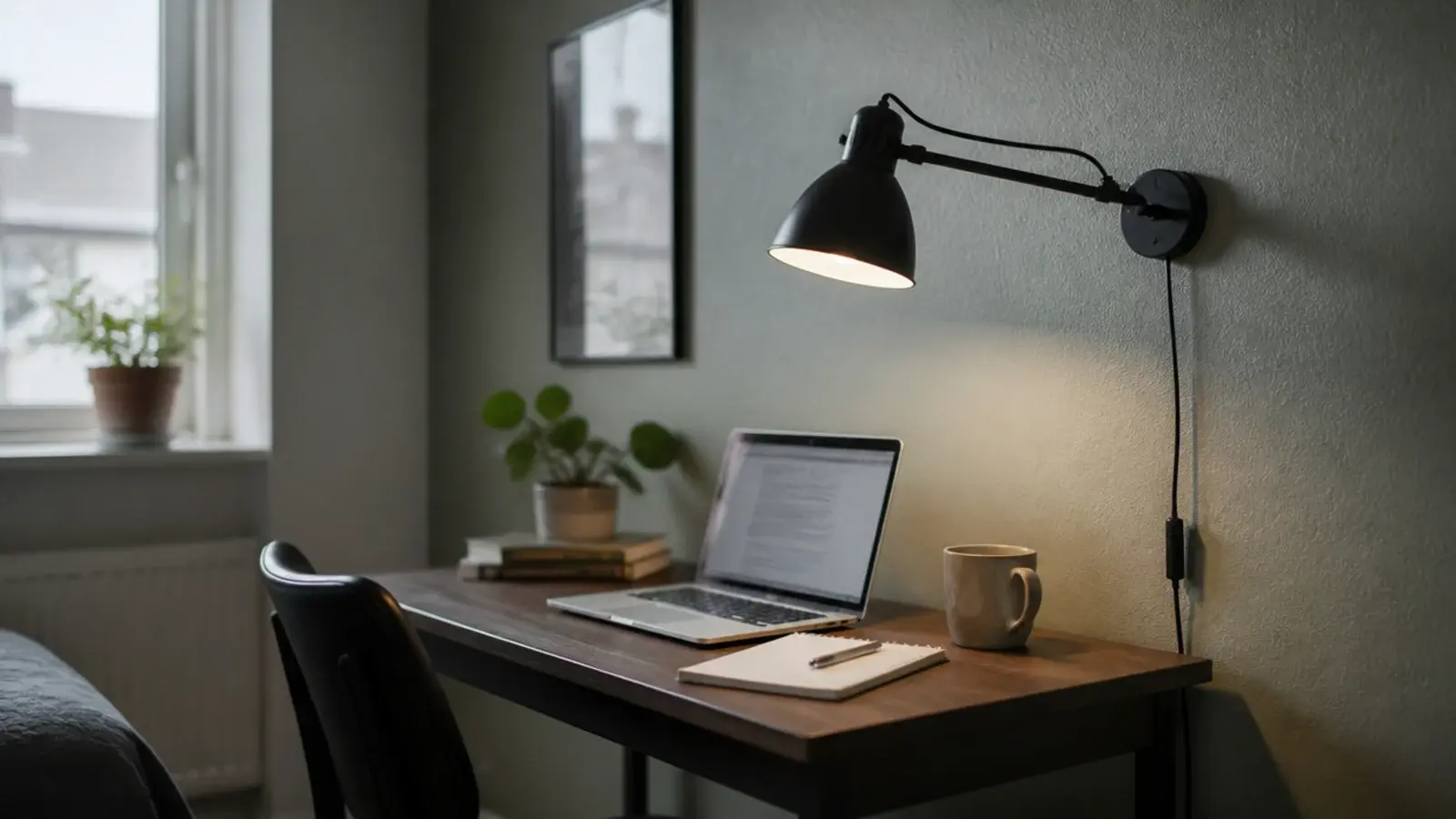 adjustable wall lamp aimed down at a rented room desk