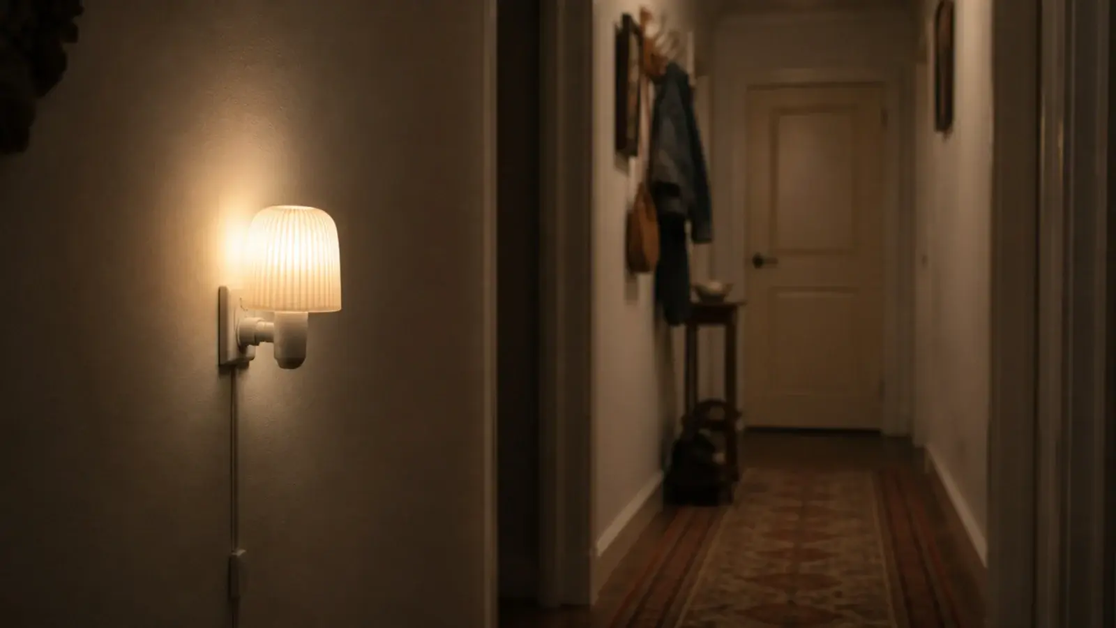 plug in wall light brightening a dim rented hallway run