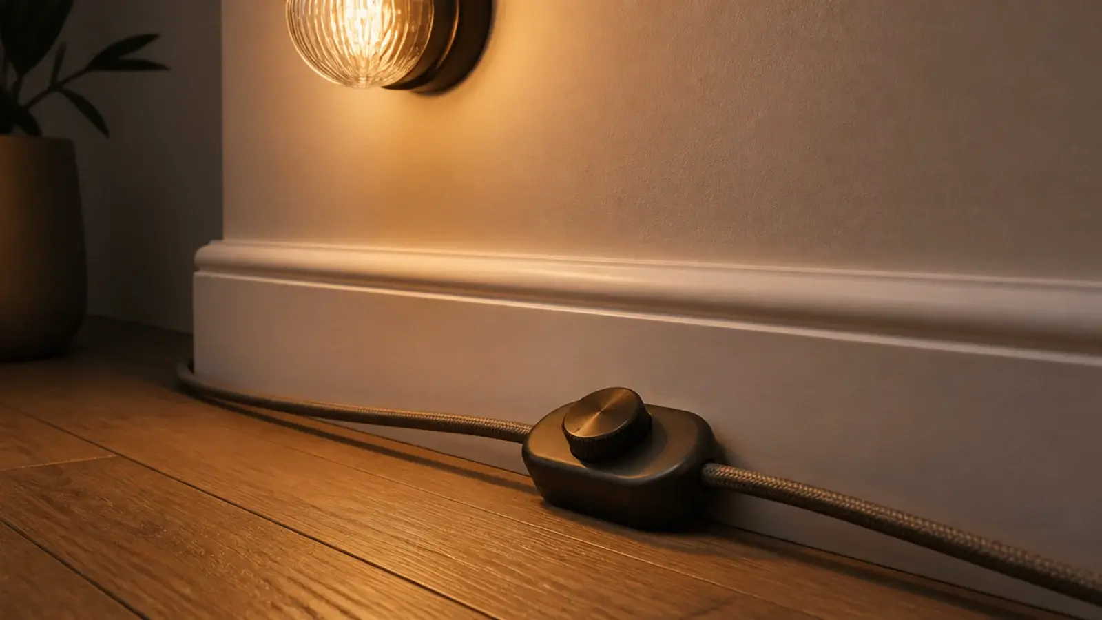 inline dimmer on a wall light cord set to a low level