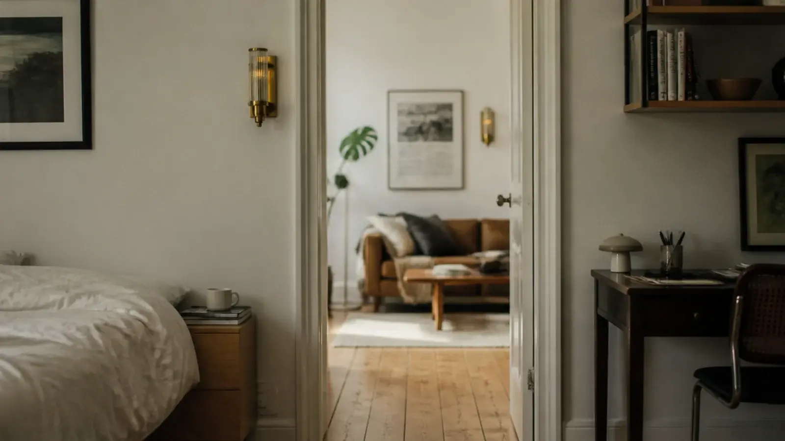 matching brass wall fixtures seen in two adjoining rented rooms