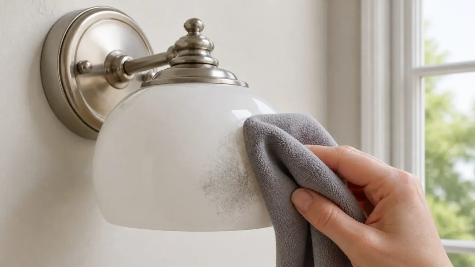 smooth glass wall shade being wiped clean with a cloth