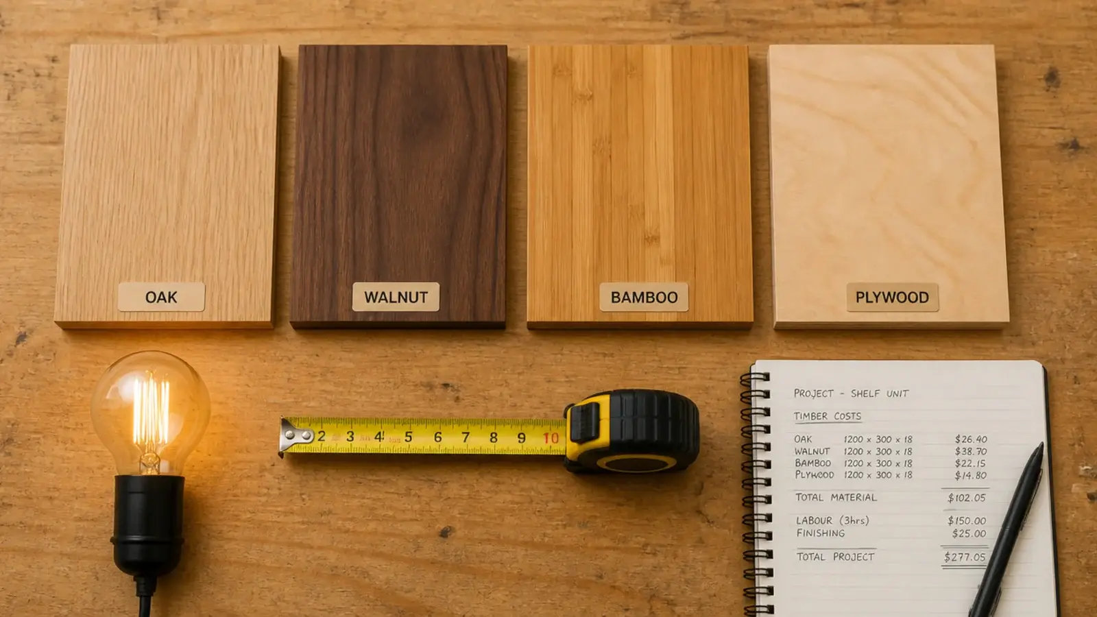 timber shade samples laid out beside a bulb and a tape measure