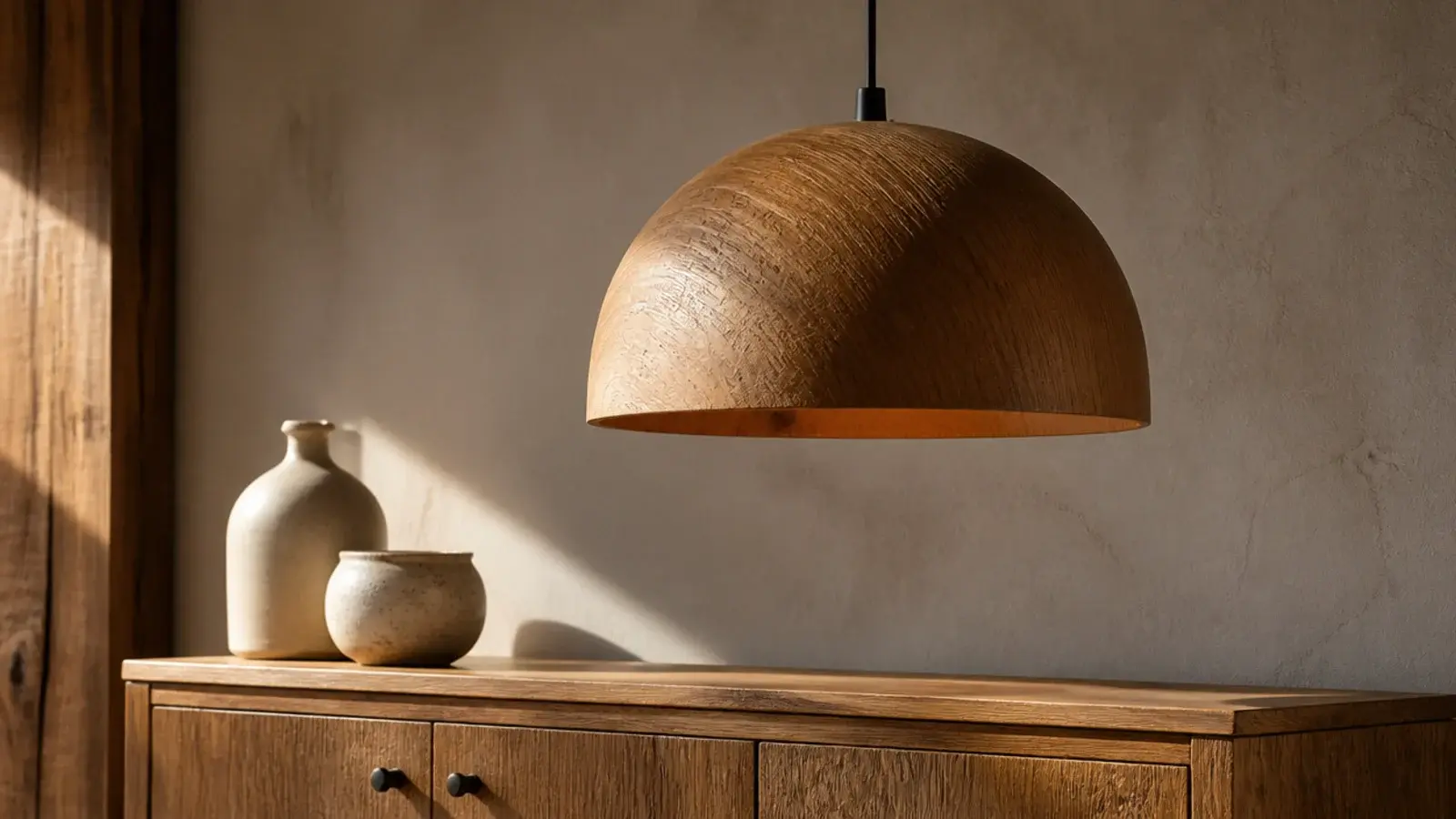 turned oak dome pendant showing deep grain across its curve