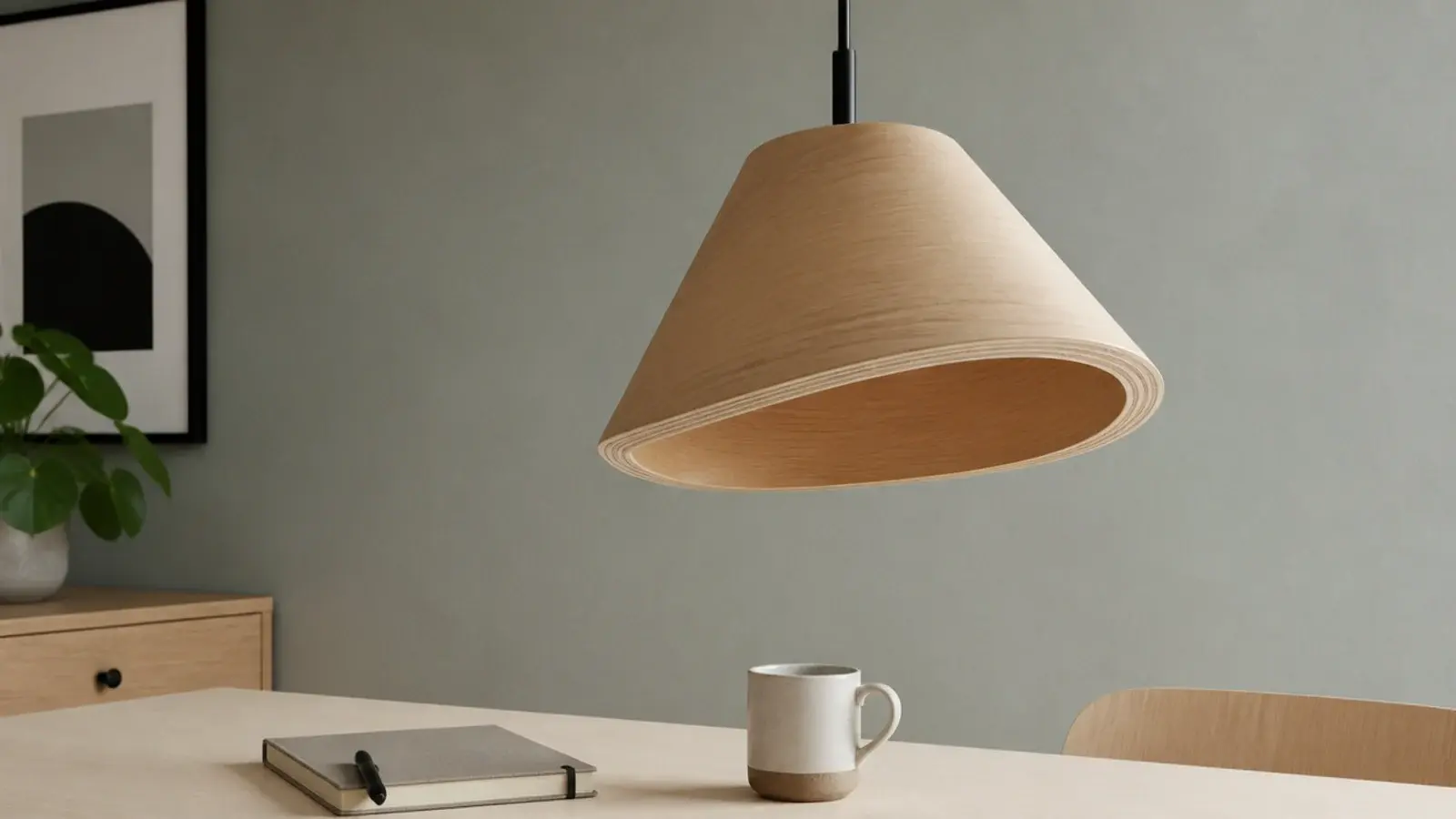 bent plywood pendant showing laminated layers at its rim