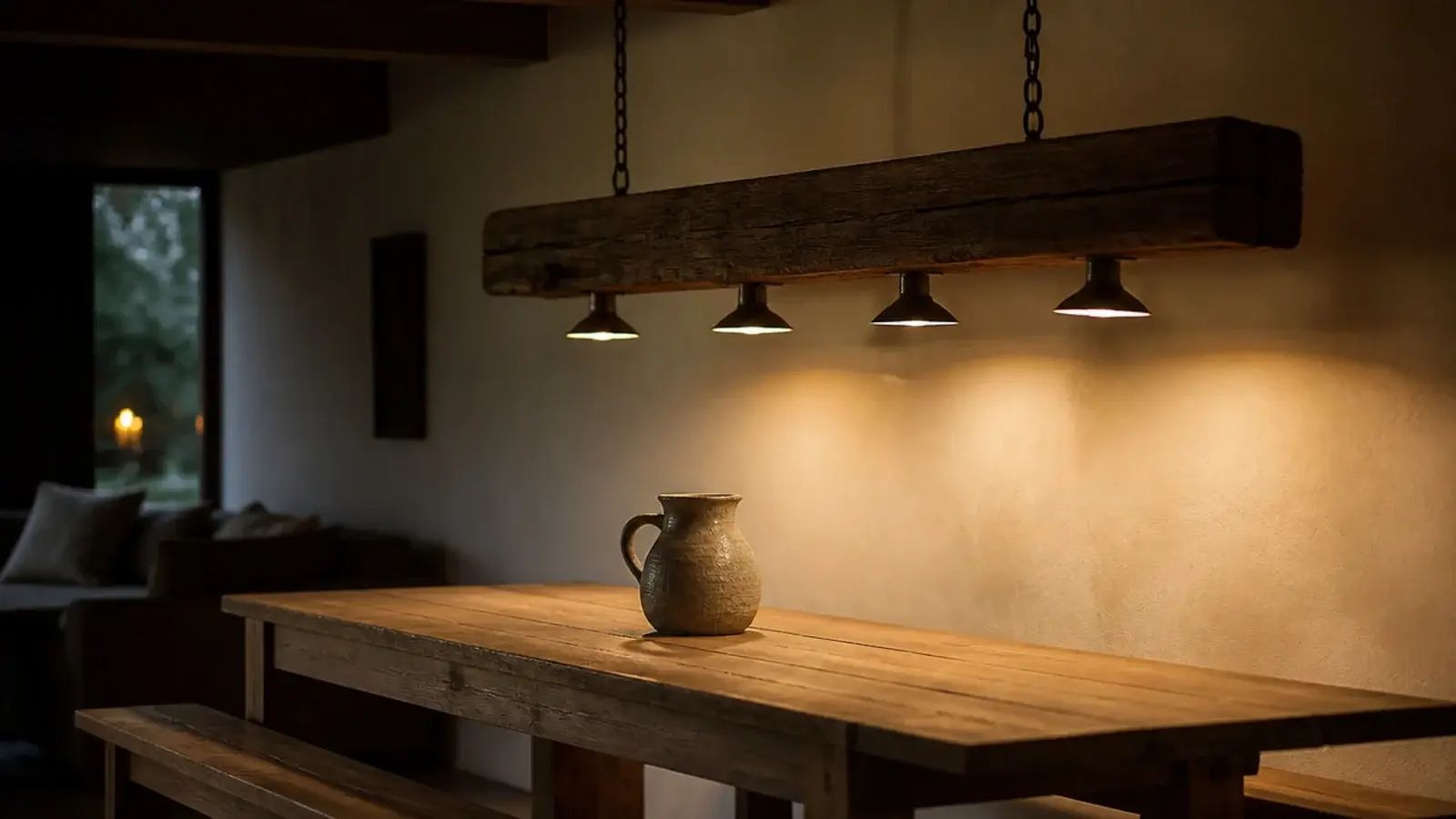 reclaimed timber beam fixture carrying four lamps above a table