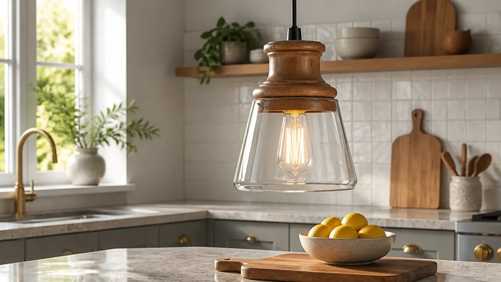timber collar pendant with a clear glass shade beneath it