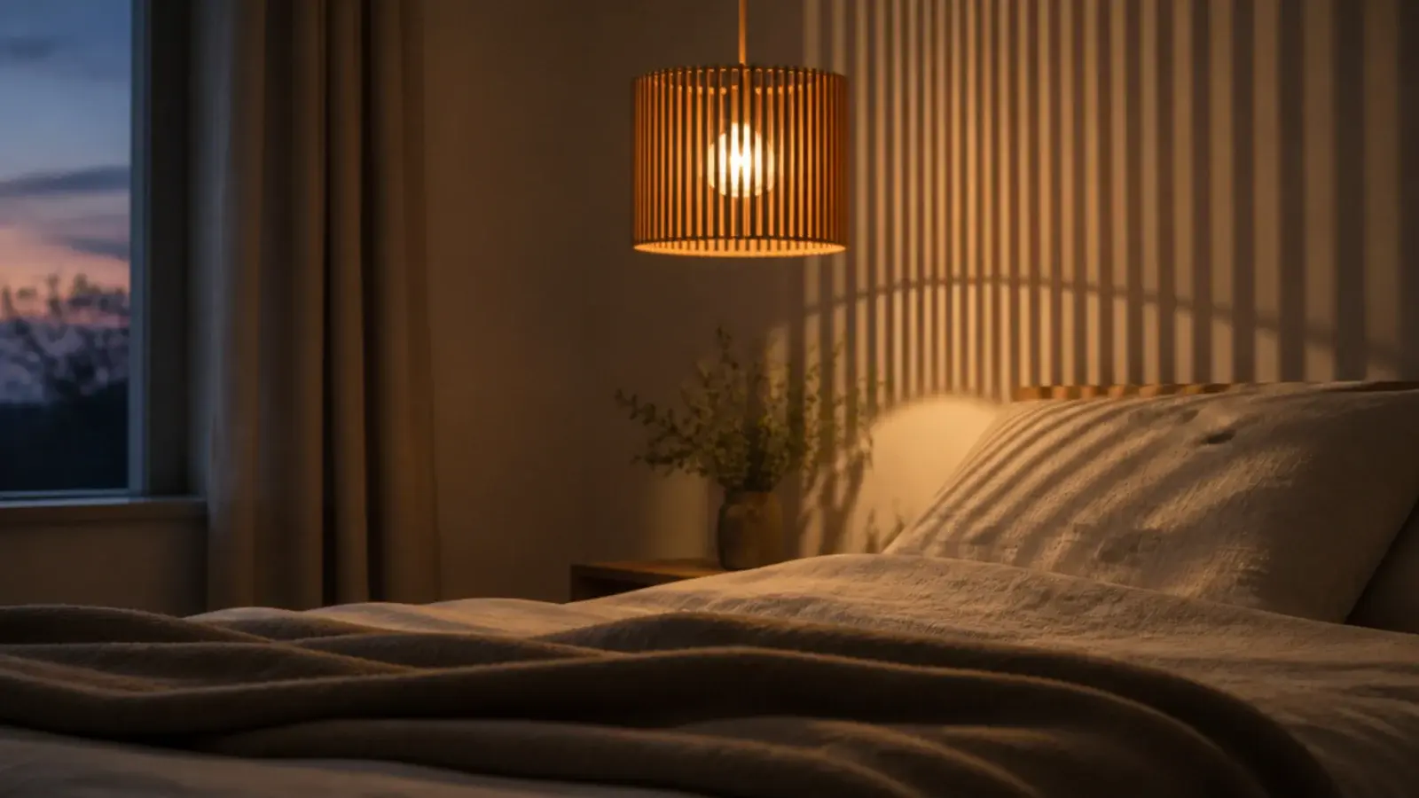slatted timber drum shade casting striped shadow on a wall