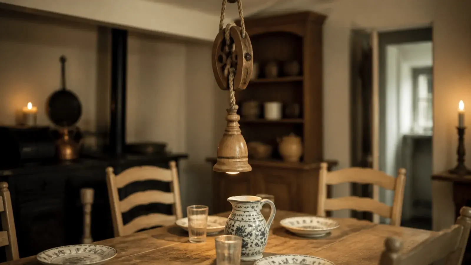 wooden pulley fixture lowered over a scrubbed kitchen table
