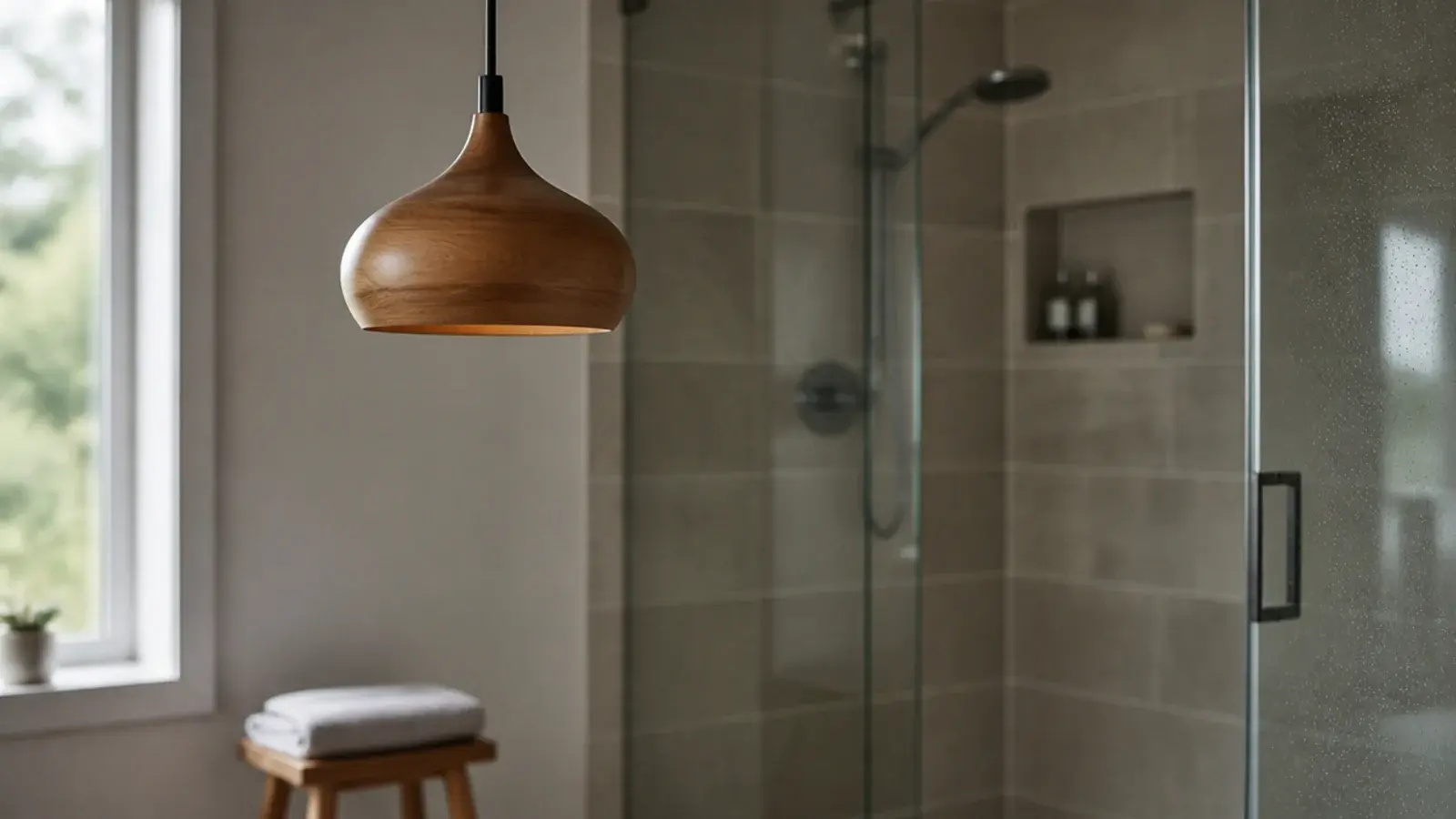 sealed teak pendant hanging well clear of a tiled shower area